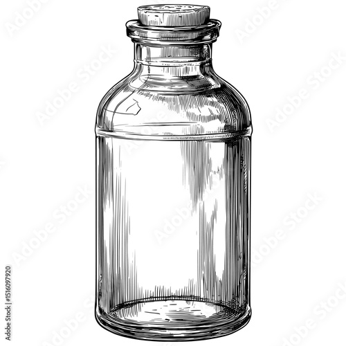 A modern pencil ink sketch drawing of a vinegar bottle is rendered in black and white with a monochrome engraving style