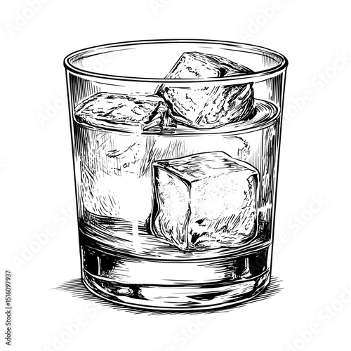 Monochrome ink sketch of a whiskey glass created in a modern style with engraving illustration