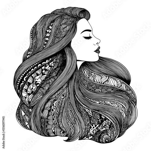 Modern pencil ink sketch drawing in black and white, rendered in a monochrome engraving style with a wig