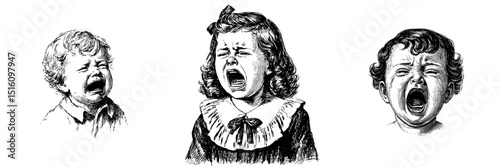 Modern hand drawn illustration background featuring a Tiny Tears baby girl in a black and white line art drawing ink sketch