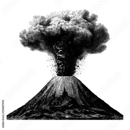 Modern illustration of a volcano in black and white, created in an engraving style with ink sketch drawing