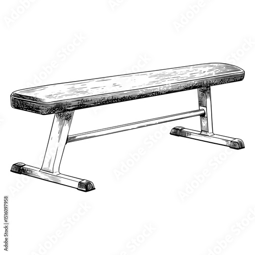Modern monochrome engraving style is utilized in this black and white pencil ink sketch drawing of a weight bench