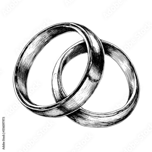 A wedding ring depicted in a modern monochrome ink sketch with an engraving style illustration