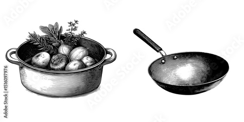 A wok depicted in a modern drawing with a monochrome ink sketch and engraving style