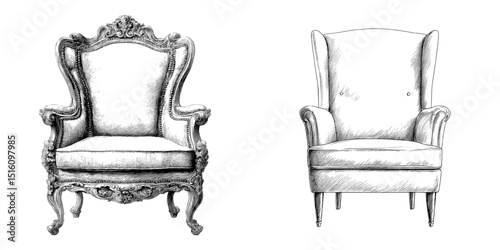 A monochrome ink sketch of a wingback chair is presented in a modern drawing with an engraving style