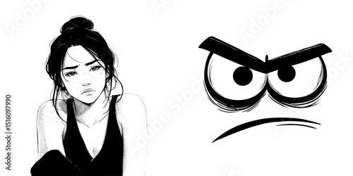 Baby girl rolling her eyes in a black and white line art drawing created with ink sketch and modern hand drawn illustration style as background