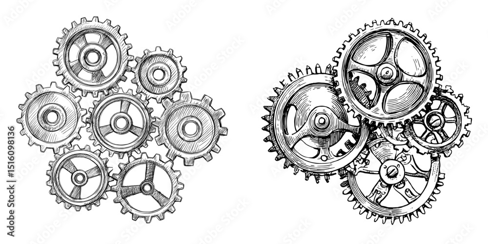 A classic drawing featuring gears that fit together, placed on a simple white background A classic drawing featuring gears that fit together, placed on a simple white background