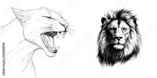 Silent Hunter Bat line art presents a lion in a modern illustration hand-drawn with Laugh ink and set against a simple sketch background photo