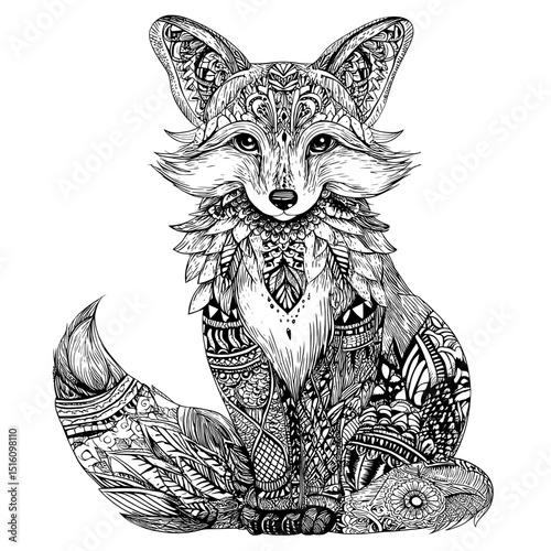 A detailed monochrome modern engraving in vintage style showcases a cunning wild animal in the form of a fox