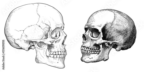 A human skull is illustrated in side profile as a detailed black and white line art piece with modern styling