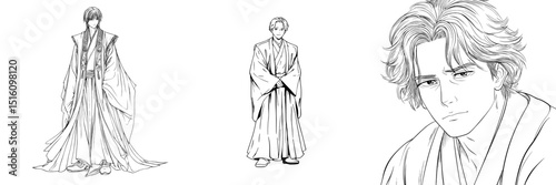 Refined Japanese-Style Male Character with Long Hair and Traditional Kimono