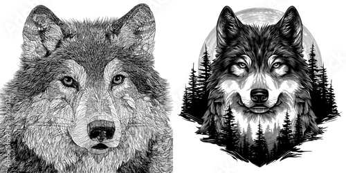 A highly detailed monochrome modern depiction of a wild forest predator in woodcut engraving style, specifically a wolf