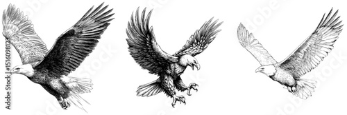 A detailed sketch in black and white depicts an eagle in flight with its wings outstretched