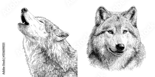 The head and shoulders of a howling wolf are positioned in front of a white backdrop with room for copy