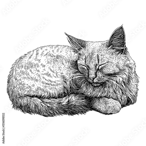 In this modern illustration, a resting cat is portrayed in black and white with a focus on detailed fur texture