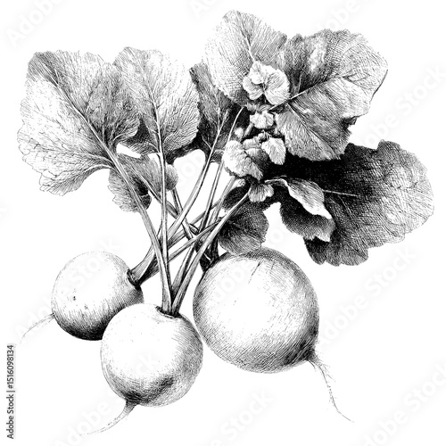 A plain background features a sketch of black radish accompanied by its leaves