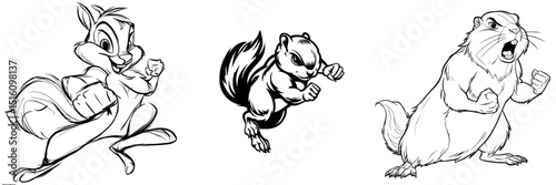 An isolated illustration in black features a muscular cartoon squirrel poised to fight