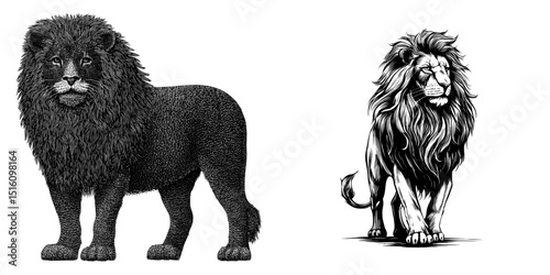 A modern illustration depicts a standing lion in black and white, complete with a detailed mane