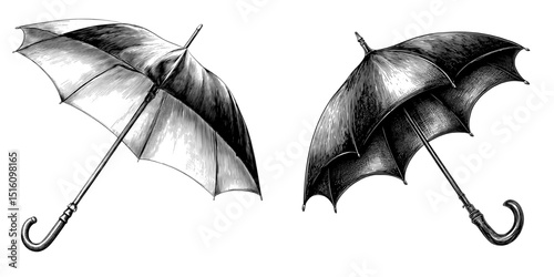 Modern illustration featuring a black and white sketch of an open umbrella with detailed shading