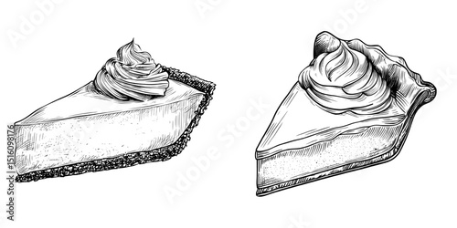 A slice of creamy pie with whipped topping is depicted in a detailed black and white sketch, a modern illustration