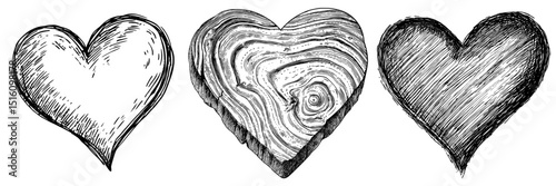 Modern illustration featuring a detailed, textured heart shape rendered in black and white through ink drawing art