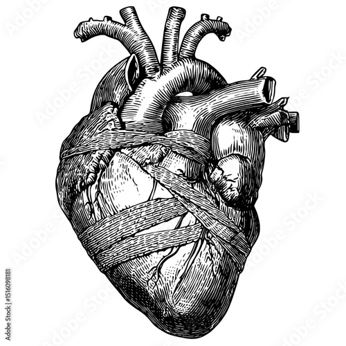 In a modern illustration, a heart is shown wrapped in bandages, illustrated in black and white sketch style