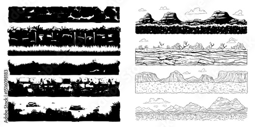 This game asset comprises a seamless soil ground level surface, a modern set of cartoon landscape layers, including lava, paved road, green field, and desert textures, shown in cross section view,