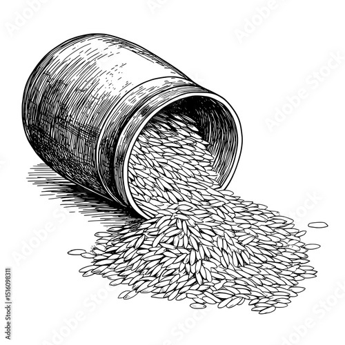 Vintage black and white drawing depicting spilled rice grains from a clay pot