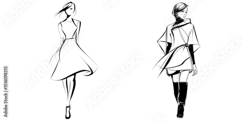 A fashion model is depicted walking in a stylish dress line drawing
