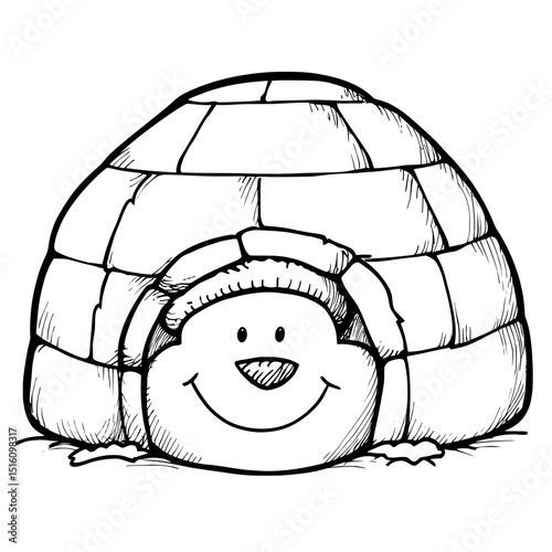 The black and white outline of an igloo sketch takes on the appearance of an engraving while also serving as a scratch board imitation