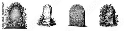Black and white ink art featuring a vintage gravestone illustration