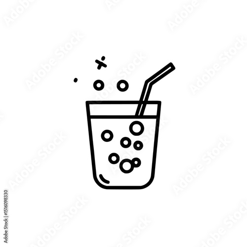 A tall glass serves a refreshing drink with bubbles and straw, depicted in a simple clean line drawing of a beverage