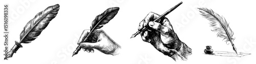 The hand holds a quill pen to create a sketch and engraving with a black and white outline, imitating a scratch board