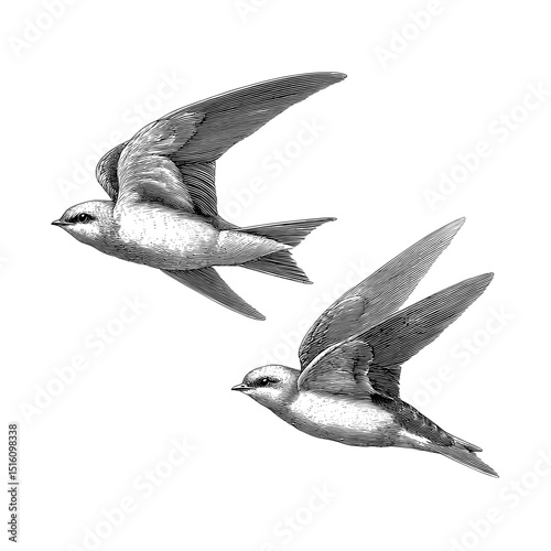 The illustration features a pair of wings in a black and white outline, created in a vintage line art style with a scratch board imitation on a white background