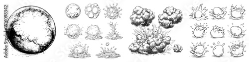 Modern 3D animated sprite sheet of a transparent soap bubble explosion burst effect, complete with splash and droplets for a realistic animation sequence