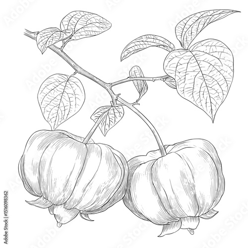 Two guavas are perched on a branch with leaves, rendered in a line art drawing