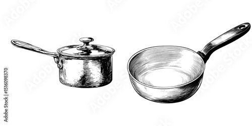 A monochrome sketch of a vintage saucepan set against a white backdrop
