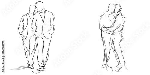 In a minimalist style, two people are illustrated standing together using simple lines