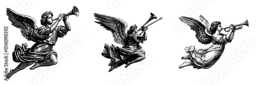 The image features an angel in flight, playing a trumpet, created as a black and white outline engraving with a scratch board effect, illustrated in a vintage line art style on a white background