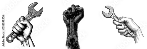 The image depicts a hand grasping a wrench, rendered as a black and white outline engraving with a scratch board effect