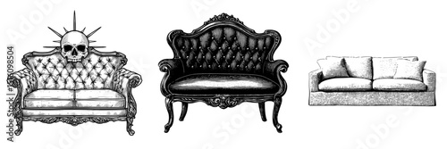 The sofa is depicted in a black and white outline sketch with an engraving style, resembling a scratch board imitation, illustrated in a vintage line art style on a white background