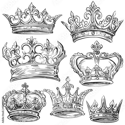 A collection of manually drawn crown doodles showcasing monochrome line sketches of luxurious heraldic symbols, including a traditional tiara and a royal diadem, in an illustration style that echoes