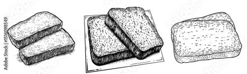 A hand-drawn illustration in black and white showcases a fresh bakery shop's assortment of whole loaves, slices, and pieces of toast, all made from various types of flour, including rye, sourdough,