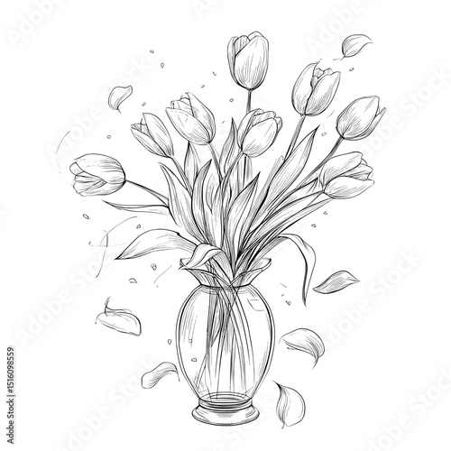 A delicate bouquet of tulips in a vase is illustrated in black lines, with falling petals and bold outlines that emphasize the flowers' gentle nature against a plain backdrop