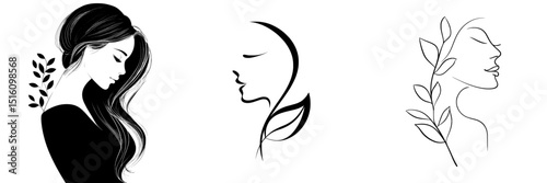 Modern art features a refined woman's profile accompanied by leaf elements