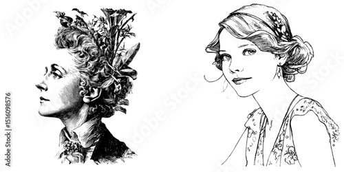 An elegant female portrait is rendered in a distinctive vintage modern aesthetic, replete with intricate floral details