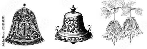 A detailed drawing of a bell in black and white, accompanied by ornate leaves