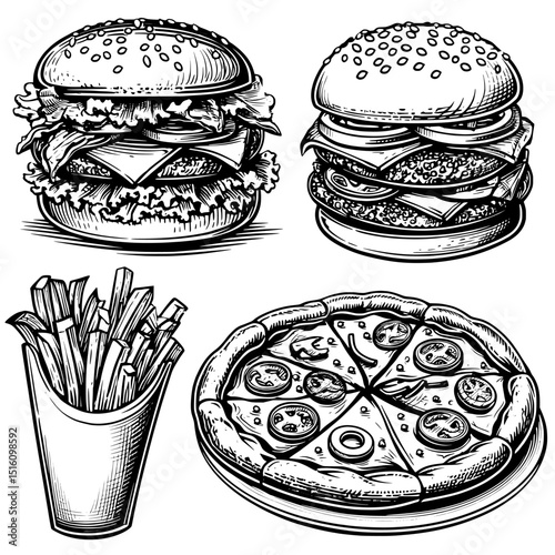 The menu features a variety of tasty fast food options including burgers, fries, pizza, and more