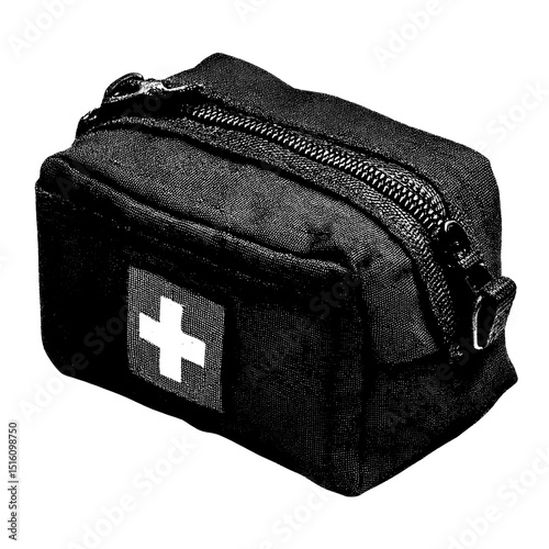 A sketch of a first aid medical bag is presented in black and white outline as an engraving, with a scratch board imitation effect