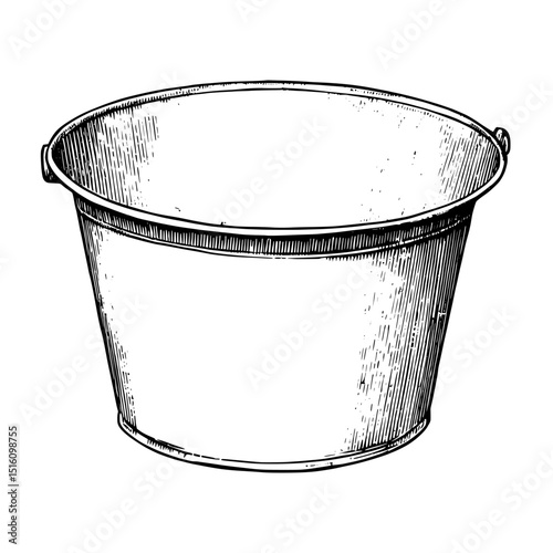 A scratch board imitation engraving is used to create a black and white outline sketch of an empty bucket